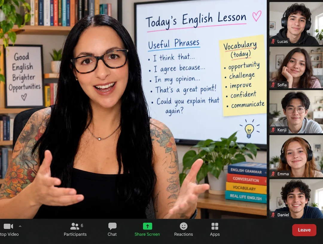 Teacher Duda Moraes in a live video class, with useful phrases and vocabulary on the board and five students online.