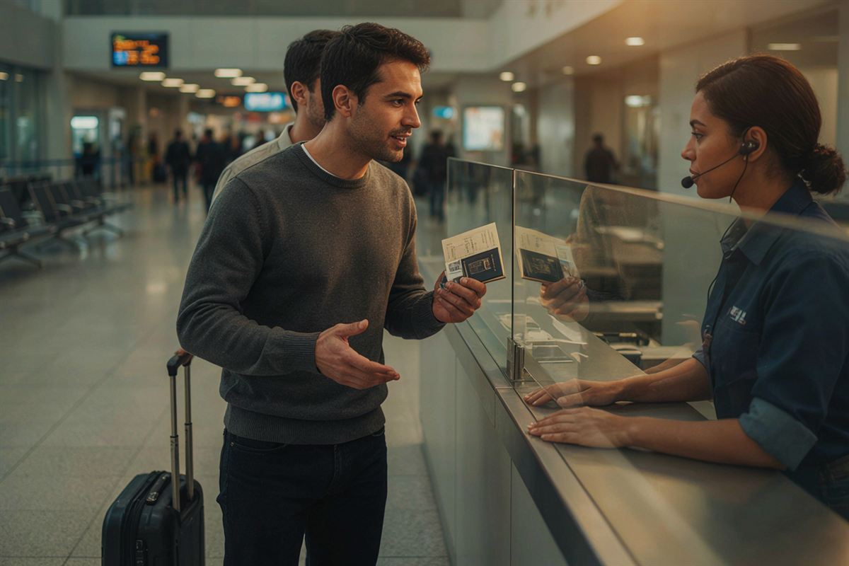 Homem conversando em inglês no balcão de check-in de um aeroporto, segurando o passaporte.