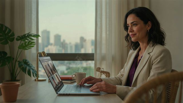 Mulher numa chamada de vídeo em inglês com colegas de outros países.