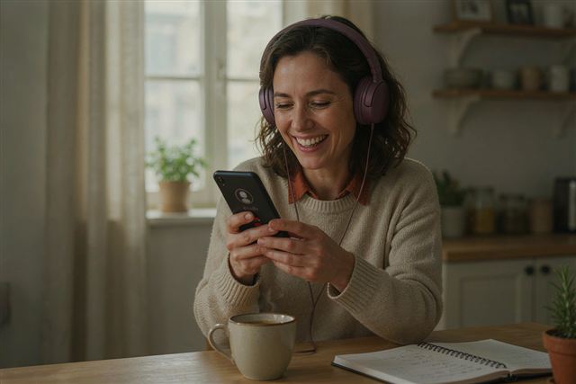 Mulher de fone de ouvido falando inglês em voz alta com um app no celular, na mesa da cozinha.
