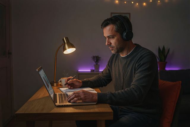 Homem assistindo a um curso online no notebook, com fones de ouvido.