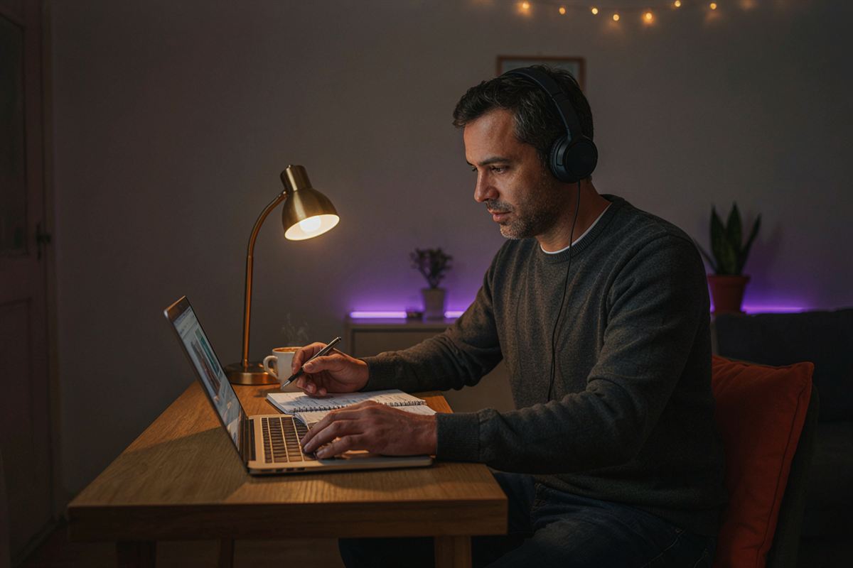 Homem de cerca de 45 anos assistindo a um curso online no notebook, à noite, com fones de ouvido e caderno.