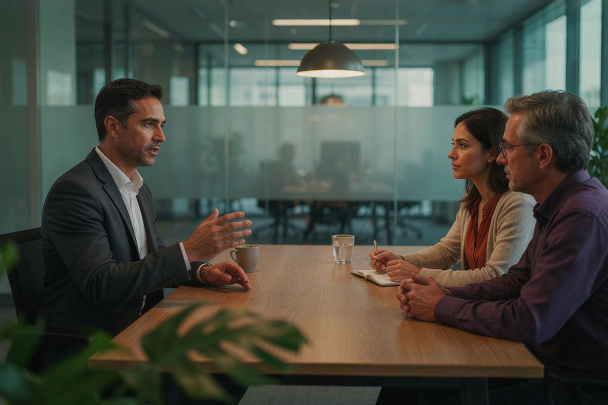 Homem de cerca de 40 anos falando com confiança numa entrevista de emprego, numa sala de reunião envidraçada.