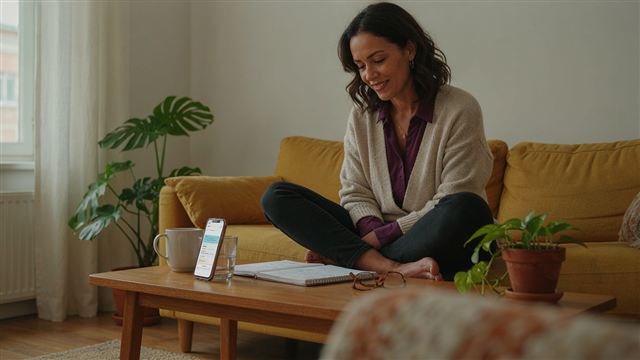 Mulher estudando inglês no sofá de casa, com caderno e celular.