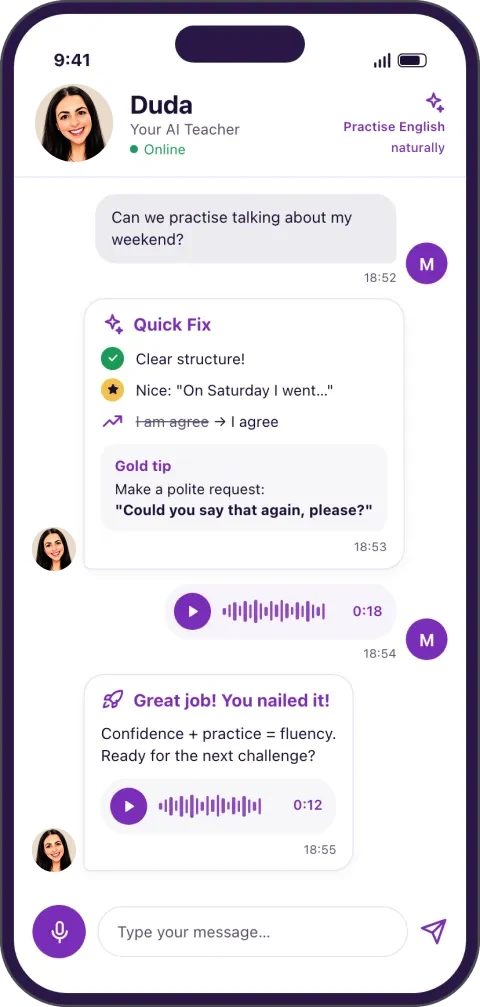 App screen with a voice conversation with Duda.