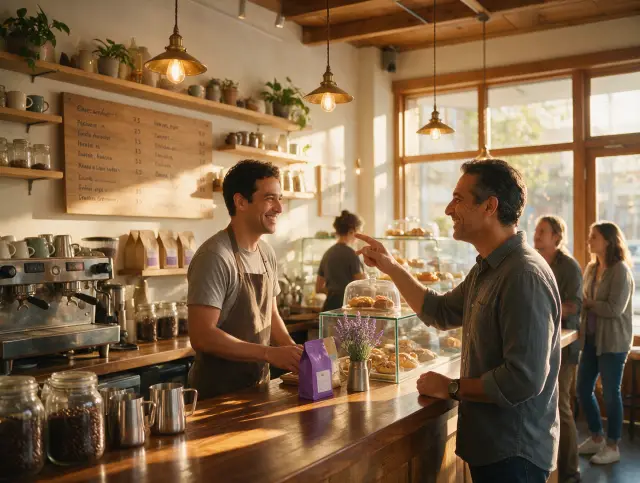 Homem adulto fazendo um pedido em inglês num café.