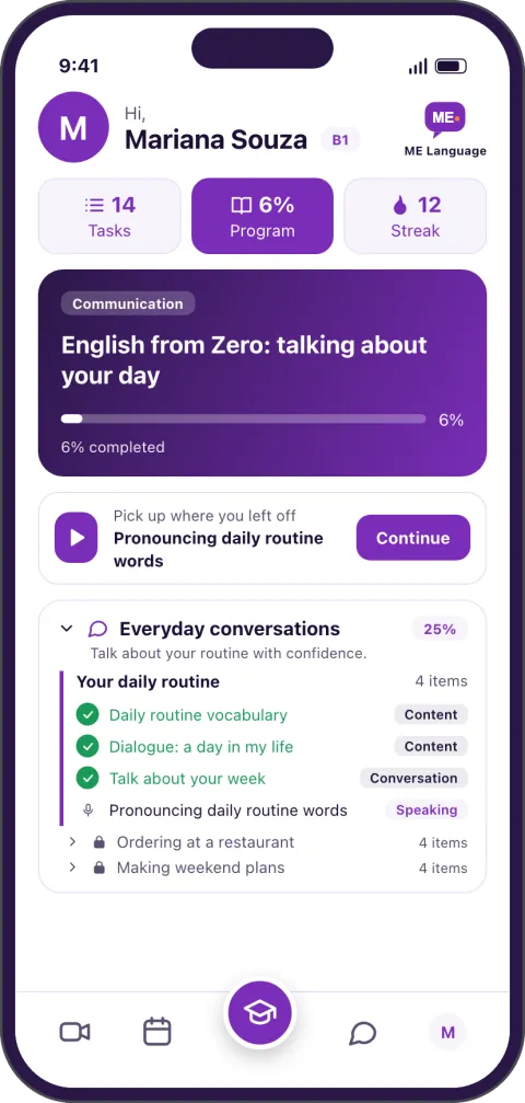 Tela inicial do app, com o programa e as tarefas do dia.