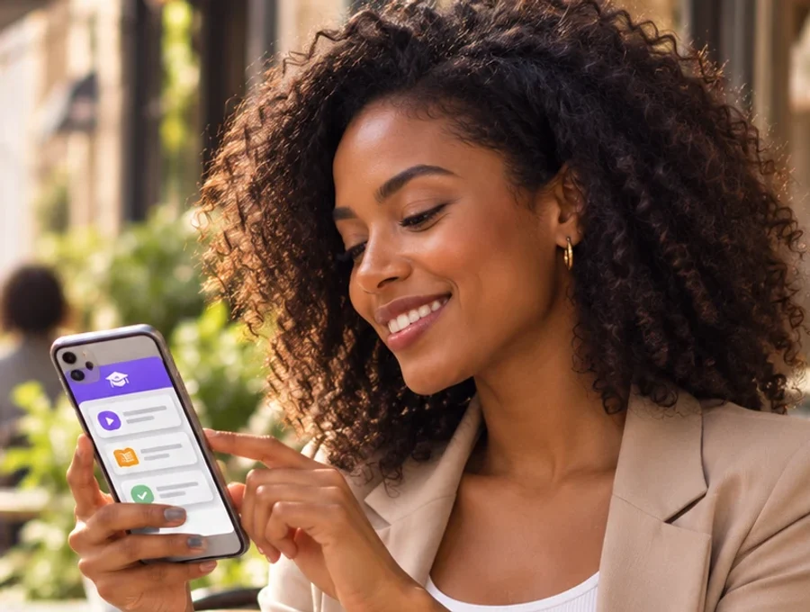 Student smiling while practicing English on the app on her phone, sitting at an outdoor café.