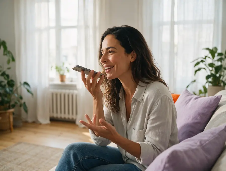 Aluna de cerca de 35 anos, feliz, falando inglês no celular com a Duda, sentada no sofá de casa.